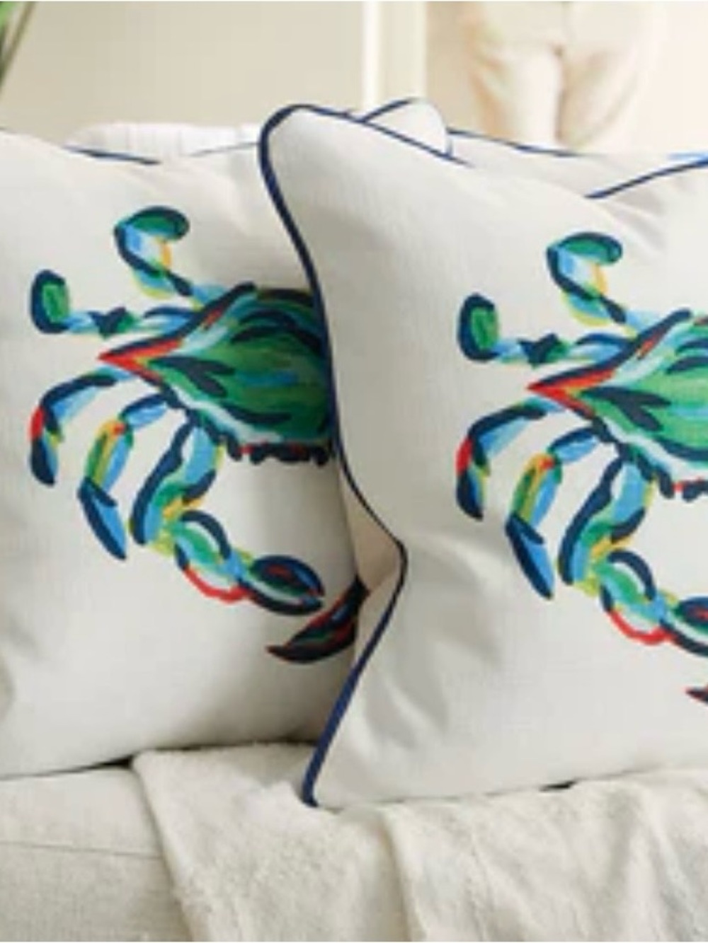 Set of 2 Decorative Crab Throw Pillows - White with Multicolor Crab Motif